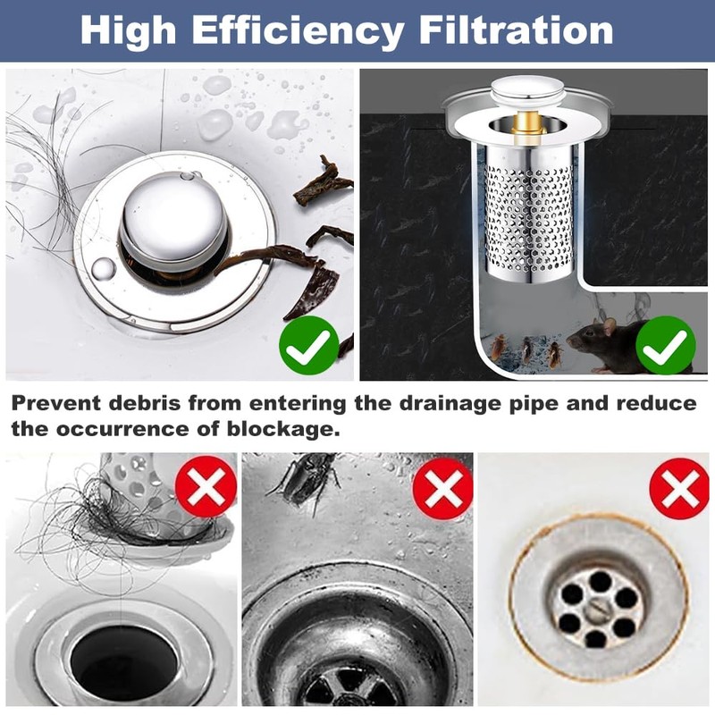 ADERTOS Pack of 2 Drain Filter Sink Plug Stainless Steel