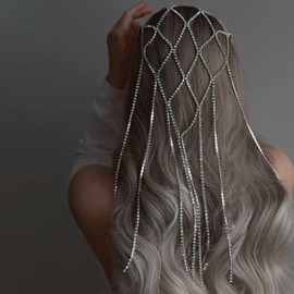 E EMZHOLE Dainty Silver Sparkly Tennis Chain Rhinestone Headband Long Tassel Chain HeadPieces Crystal Hairhoop Headband