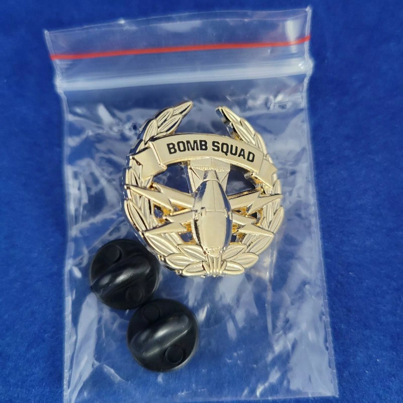 BOMB SQUAD LAPEL PIN, Item #1105: Gold color plated finish,