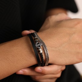 KCDKKE Men's Anchor Bracelet Three Rows Leather Braided Stainless Steel Chain Cuff Bracelet Navigation Adventure Bracelet Jewelry Trend Gift for Men