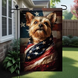 Starlit Patio Yorkshire Terrier Dog Garden Flag 4th of July 12x18 Inch Patriotic American Flag Outdoor Banner Yorkie Puppy Independence Day Seasonal Yard Decoration for Porch Lawn Patio Garden Decor