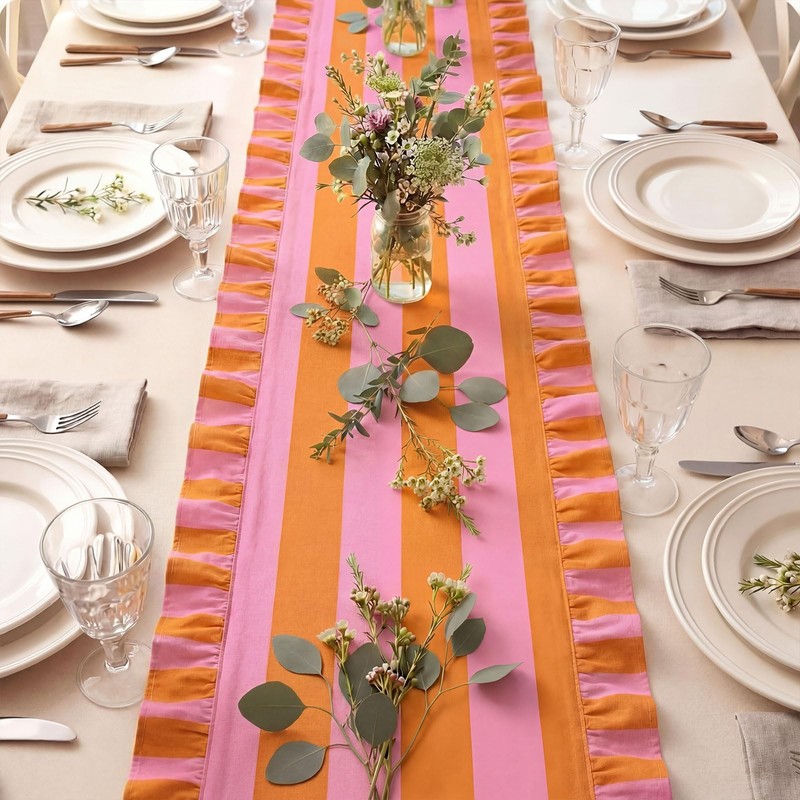 HunnmingRe Ruffle Edge Striped Table Runner 118 x 15.7 Inch