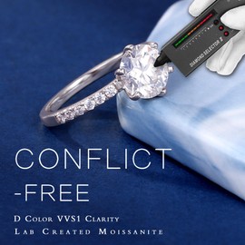 MOOSEA Moissanite Rings for Women - 2ct D Color VVS1 Clarity Lab Created Moissanite Rings Round Cut Solitaire Moissanite Engagement Rings 14K White Gold Vermeil S925 Sterling Silver Rings for Women