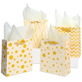 Ehpiern 4PCS Beautiful Gift Bags, 9" Medium Size Gift Bag with Handles and Tissue Paper, Reusable Gift Bags Suitable for Presents of Baby Shower, Birthday, Weddings, Christmas, Mothers Day & Other Occasion (Gold)
