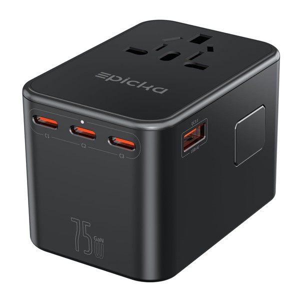 EPICKA Travel Adapter Worldwide, GaN 75W Travel Plug PD Fast