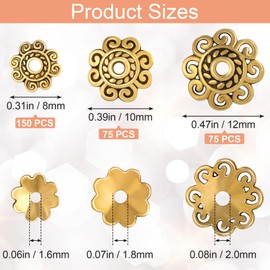 PAGOW 300pcs 8mm/10mm/12mm Spacer Beads Flower Bead Caps Valentines Birthday Wedding Prom Jewelry DIY Findings for Necklace Bracelet Making(Golden)