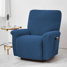 CONRUSER Stretch Recliner Chair Covers, 4-Piece Soft Sofa Cover Thick Single Seat Couch Cover Jacquard Recliner Slipcover with Pocket (Blue)