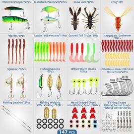 Vicloon Fishing Lures Set,147pcs Fishing Lures Accessories Set Mixed,Baits Kits Mixed Tackle Including Hard Bait,Soft Bait,Sequins,Rotating Sequins,Compound Sequins,Swivels and Tackle Box