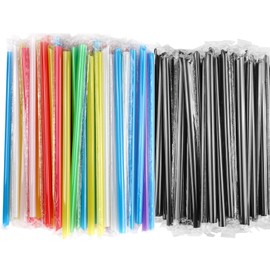 Jumbo Smoothie Straws, Chetexus 200pcs Plastic Disposable Wide-mouthed Milkshake Straws, Individually Wrapped Straws Colorful + Black (0.43" Diameter and 9.4" Long)
