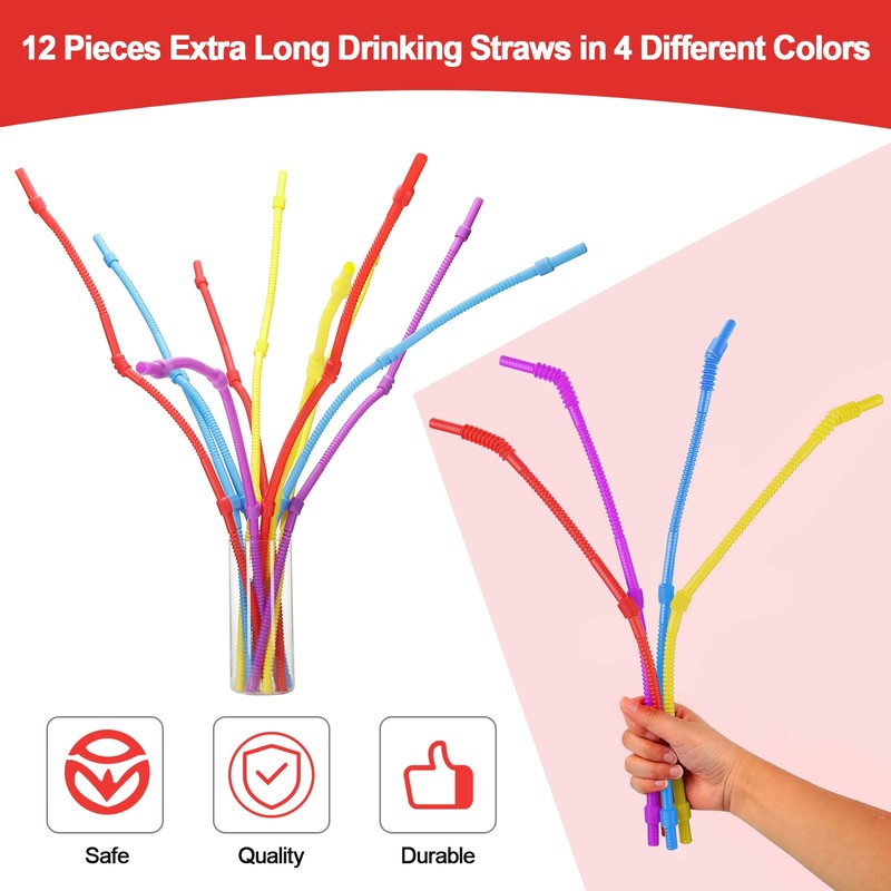 Geiserailie 12 Pieces Flexible Drinking Straws Extra Long Bendy Plastic