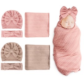 BQUBO Newborn Receiving Blanket Headband Hat Set for Baby, Unisex Baby Boys Girls Essentials, Newborn Registry Must Haves, Stroller Crib Shower Gifts