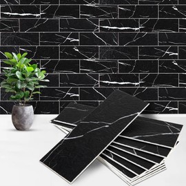 Artemuro 40PCS Peel and Stick Backsplash, 3" x 9" SPC Subway Tiles, Upgraded Structured Soft Glossy Black Marquina with White Grout Backsplash Stick on Tile for Kitchen, Bathroom, Fireplace, RV