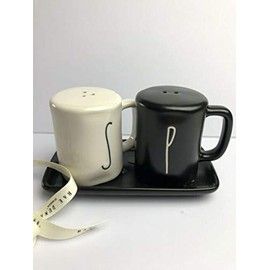 Rae Dunn By Magenta 3 Piece S & P Mug Shaped Ceramic LL White Salt & Black Pepper Shakers With Black Ceramic Tray