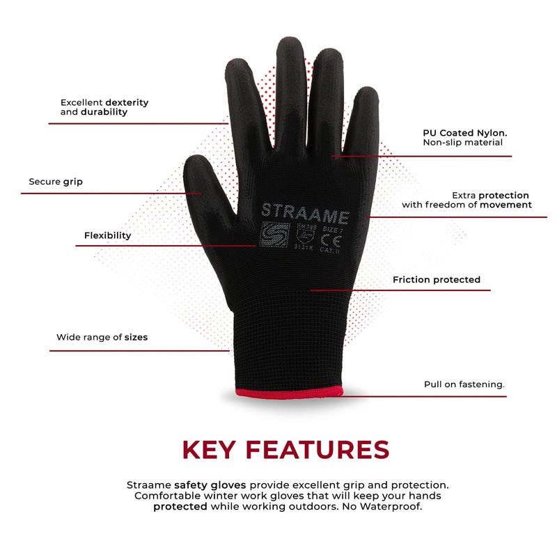 Straame Pack of 12 or 24 Black Safety Work Gloves,