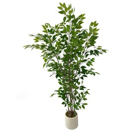 Artificial Ficus Tree with Green Leaves, 6 ft Tall, Indoor Plant with Decorative Beige Planter