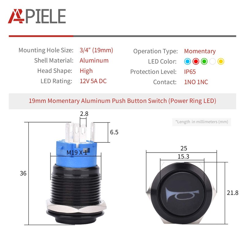 APIELE 19mm 12V Momentary Speaker Horn Push Button Toggle Switch