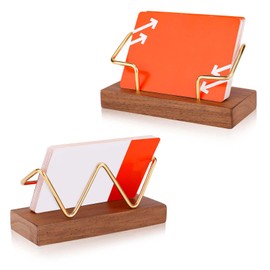 Pack of 2 Wooden Business Card Holders, Metal Display for Business Cards, Creative Business Card Stand, Golden Name Card Stand for Women, Men, Office, Desk, Counter, Conference Tables