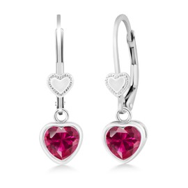 Gem Stone King 925 Sterling Silver Red Created Ruby Earrings For Women (1.92 Cttw, Heart Shape 6MM)