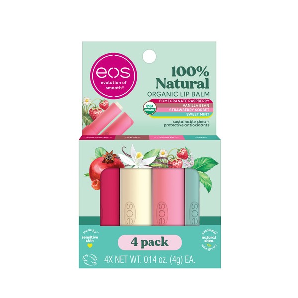 eos 100% Natural & Organic Lip Balm Sticks- Strawberry Sorbet, Vanilla Bean, Sweet Mint & Pomegranate Raspberry, Lip Care Products, 0.14 oz, 4-Pack