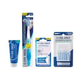 Cool Shock | Kit completo para ortodoncia. Incluye cepillo dental especializado, crema dental, palillos interdentales y cera para ortodoncia. Ideal para brackets y alineadores. Caja con 4 productos.