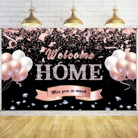 Trgowaul Welcome Home Banner Decorations, Rose Gold Welcome Back Home Backdrop, We Missed You So Much Party Decor, Family Reunion Patriotic Military Homecoming Army Deployment Returning Party Supplies