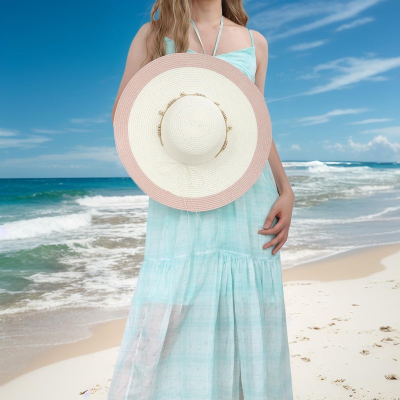 LY4U Women's Beach Sun Straw Hat with Chin Strap, Floppy