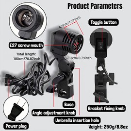 E27 Lamp Holder with Umbrella Bracket, 360° Adjustable Photography Light Stand Mount with 1.8M Cable & Switch, Nylon E27 Socket for Studio Video Recording, Live Streaming, and Continuous Lighting