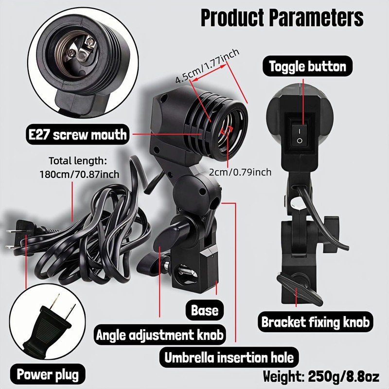 E27 Lamp Holder with Umbrella Bracket, 360° Adjustable Photography Light