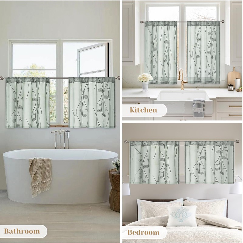 HOMEIDEAS Sage Green Sheer Kitchen Curtains 30 X 36 Inch
