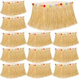12PCS Luau Table Skirt Decor, Gold Hawaiian Themed Grass Table Skirt Decor, Luau Party 108 X 29.5" Flower Tropical Hula Dance Parties Supplies, Table Skirt for Hawaiian Summer Beach Themed Party