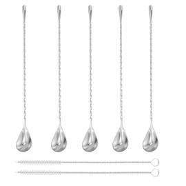 Set of 5 Bar Spoons, Stirrer, Long Cocktail Stirrer, Gin Spoon, Stainless Steel, Professional Cocktail Stirring Spoon with Spiral Pattern for Martinis, Coffee, Bar, Cocktail Shaker with 2 Brushes