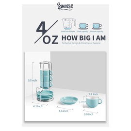 Sweese 405.402 Porcelain Stackable Espresso Cups with Saucers and Metal Stand - 4 Ounce - Set of 4,Turquoise