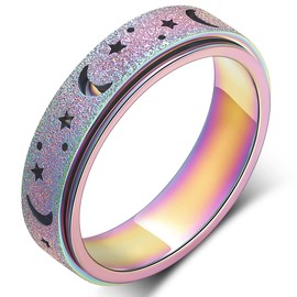 MHWTTY Anxiety Ring for Women, Fidget Spinner Ring Stainless Steel Thumb Ring Fidget Toy Adult Moon Star Spinners Rainbow Size 7