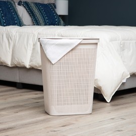 Mind Reader 60L Slim Laundry Hamper, Clothes Basket, Lid, Linen Design, Plastic, 18.25”L x 14.25”W x 23.5”H, Ivory