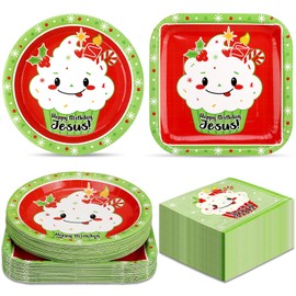 200 Pcs Happy Birthday Jesus Party Dinnerware Set Disposable Dinner Party Pack 30 Square 30 Round Happy Birthday Jesus Cupcake Paper Plates 140 Cupcake Napkins for Christmas Jesus Party Supplies