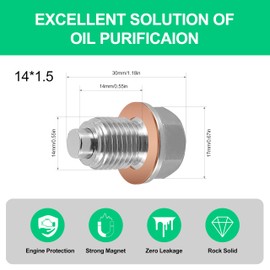 M14 x 1.5 Magnetic Stainless Steel Oil Drain Plug, Sump Drain Nut Bolt with 3 Copper Crush Washer Kit Compatible with Most Ford, Hyundai, KIA and Accord, Civic,Odyssey
