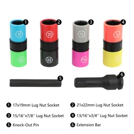 DPTOOL Lug Nut Socket Set 1/2" Drive Wheel Impact Flip Socket Set with Metric 17 19 21 22 MM & SAE 3/4 13/16 7/8 15/16 in. Sockets Non-Marring Thin Wall Lug Nut Removal Tool