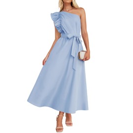 ZESICA Women's 2025 Summer One Shoulder Ruffle Dress Sleeveless Empire Waist Boho Flowy Maxi Dresses,Sky,Medium