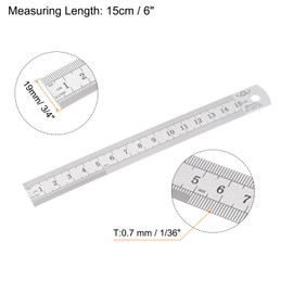 sourcing map 2pcs Stainless Steel Ruler 15cm/6" Length x 1/36" Thick x 3/4" Wide Inch and Metric Straight Edge Measuring Tools for Woodworking Painting Craft, Silver Tone