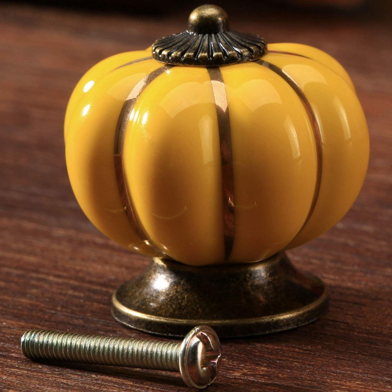 Mgoodoo Pair of Yellow Pumpkin Ceramic Furniture Knobs