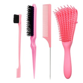 Hair Brush with Hair Styling Comb Set, Detangling Hair Brushes for Women Men Kids Curly Hair, Hair Brush Set with Detangler Brush Teasing Hair Brush Rat Tail Comb Edge Brush (Pink)