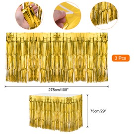 QUARKZMAN Pack of 3 29 x 108 Inch Gold Metallic Tinsel Table Skirts for Rectangular Tables Tinsel Background Curtain for Wedding and Birthday Party Decoration