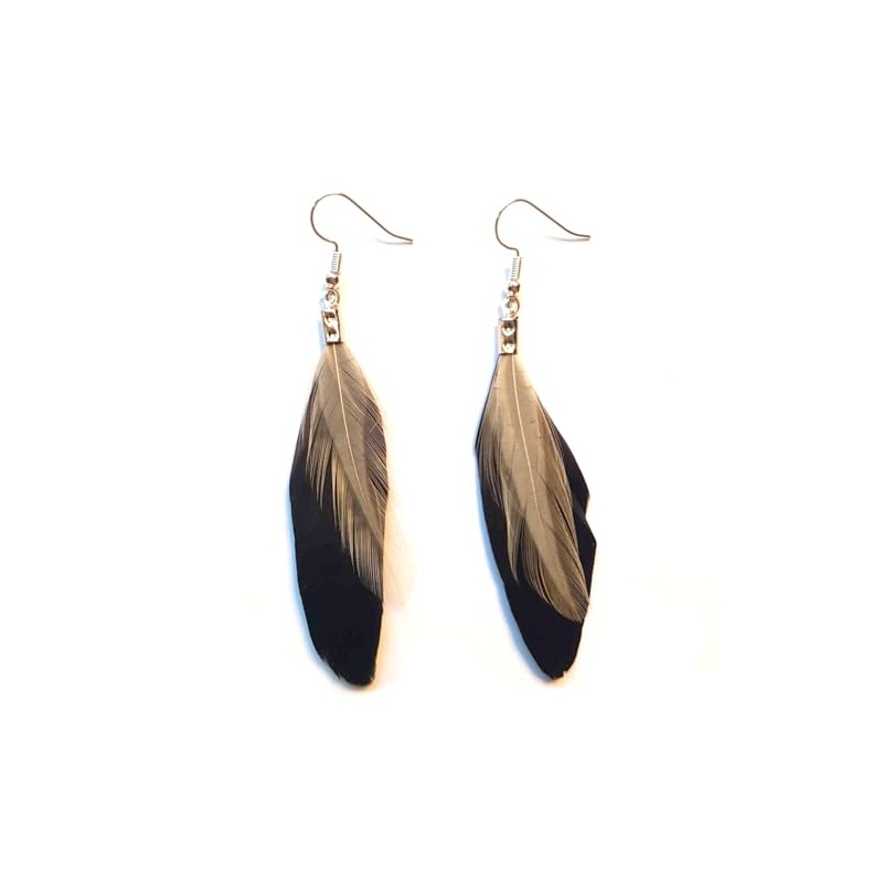 Black Feather Earrings with Cream Feather - Handmade