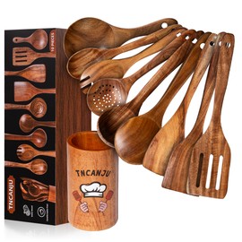 TNCANJU Wooden Spoons for Cooking, 10 Pcs Acacia Wood Cooking Utensils Set with Hand Painted Holder, Wooden Kitchen Utensils Set for Nonstick Cookware, Gift Box