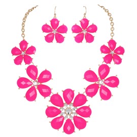 Firstmeet Shiny flower statement collar Necklace with earrings (XL-1104-Pink)