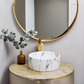 White Bathroom Sink Artistic Ceramic Vessel Sink with Waterfall Faucet and Pop-Up Drain 16Inch Round Bathroom Sink Above Counter Modern Marbling Pattern Vessel Sink Bowl