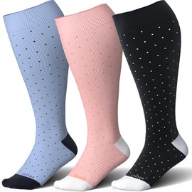 LEVSOX Wide Calf Compression Socks for Women Plus Size Pregnancy Cute Fun 15-20mmHg Knee High Extra Large Support Socks for Nurse, Medical, Travel, PolkaDots