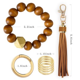 BuitBoll Wristlet Keychain with 4 Key Rings Wooden Beaded Bracelet Key Chain Bangle Key Holder with Leather Tassel (Brown)