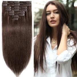 S-noilite Clip in Human Hair Extensions Clip in Hair Extensions Full Head 8 Pieces/Set Long Straight Silky Soft Clip on Hair(18"-100g #4 Medium Brown)
