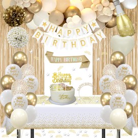 Gold Birthday Decorations, Golden Birthday Party Decorations, Happy Birthday Banner White and Gold Balloons Fringe Curtain Tablecloth Birthday Sash Crown Paper Pom Poms for Women Girls Men Boys